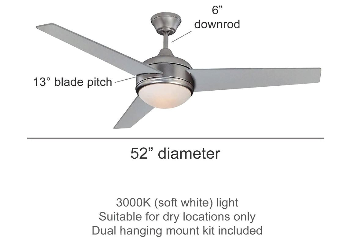Concord Skylark 52" Satin Nickel Indoor Ceiling Fan w/ Light Kit 3-Blade 52SKY3SN-LED-90CRI