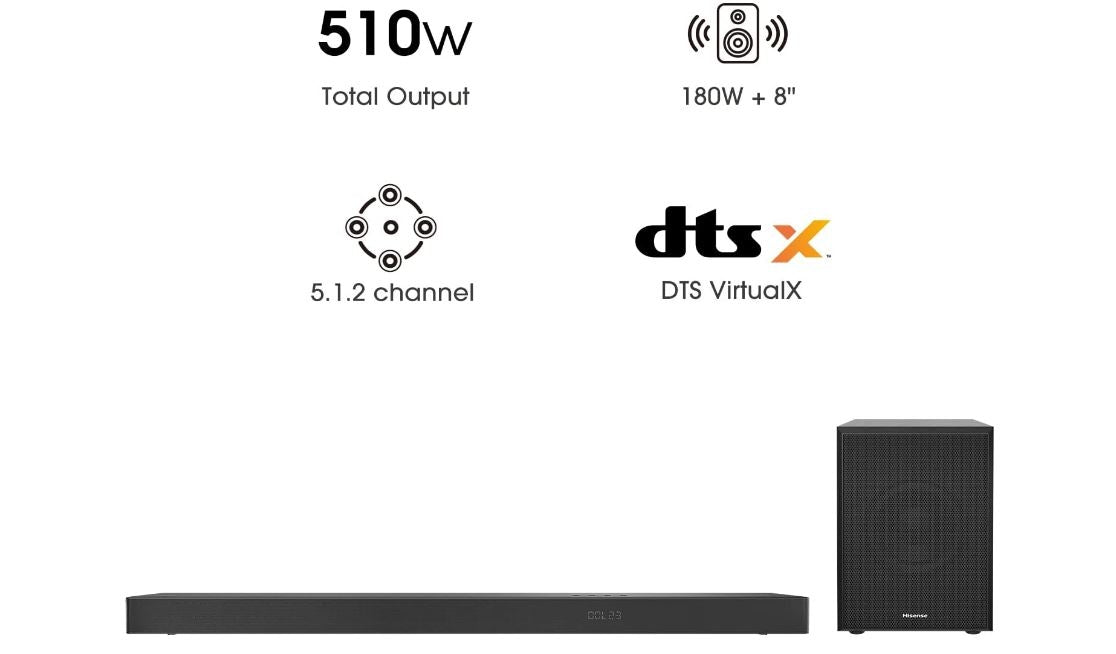 Hisense U5120G 5.1.2ch Premium Sound Bar w/ Subwoofer 510W Hi-Res Audio Bluetooth 4.2 Black