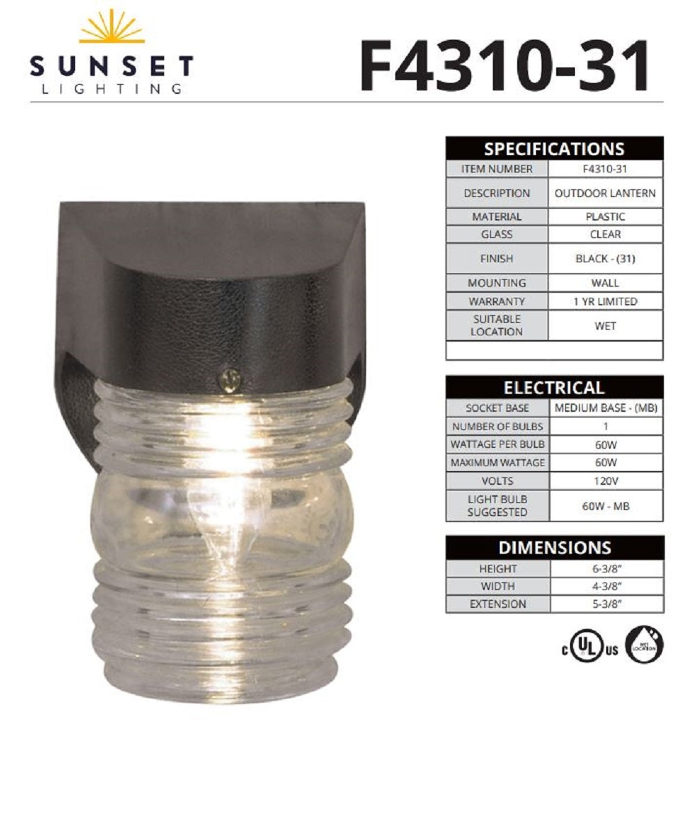 Sunset Lighting 6.3" Outdoor Wall Sconce Clear Glass Jar Black Finish F4310-31