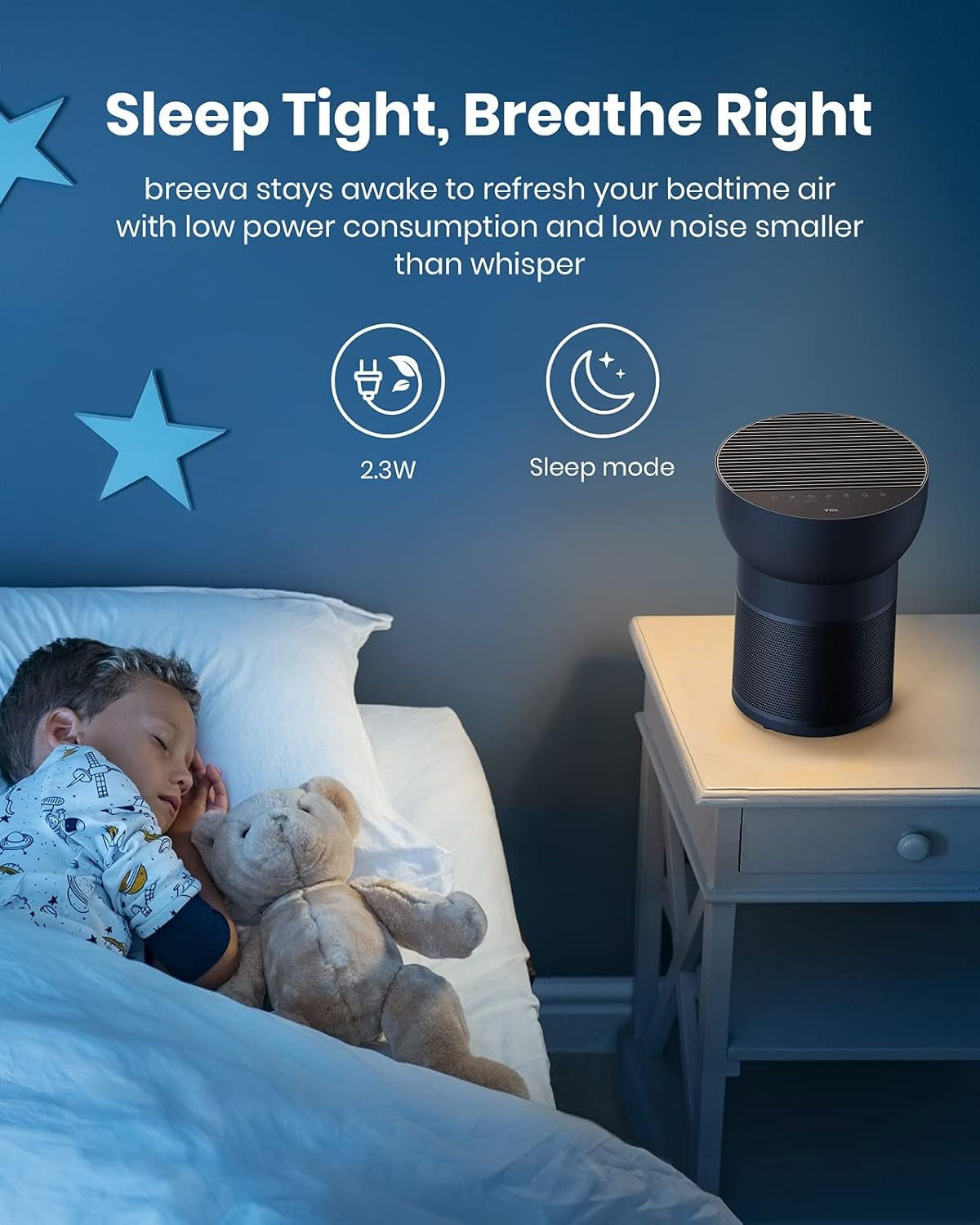TCL Breeva A2 Air Purifier and Humidifier, Up to 882 Sq Ft, 4-Stage True HEPA (H13), Removes 99.97% of Dust/Bacteria/Odors & More, Auto Shield, Quiet, Black