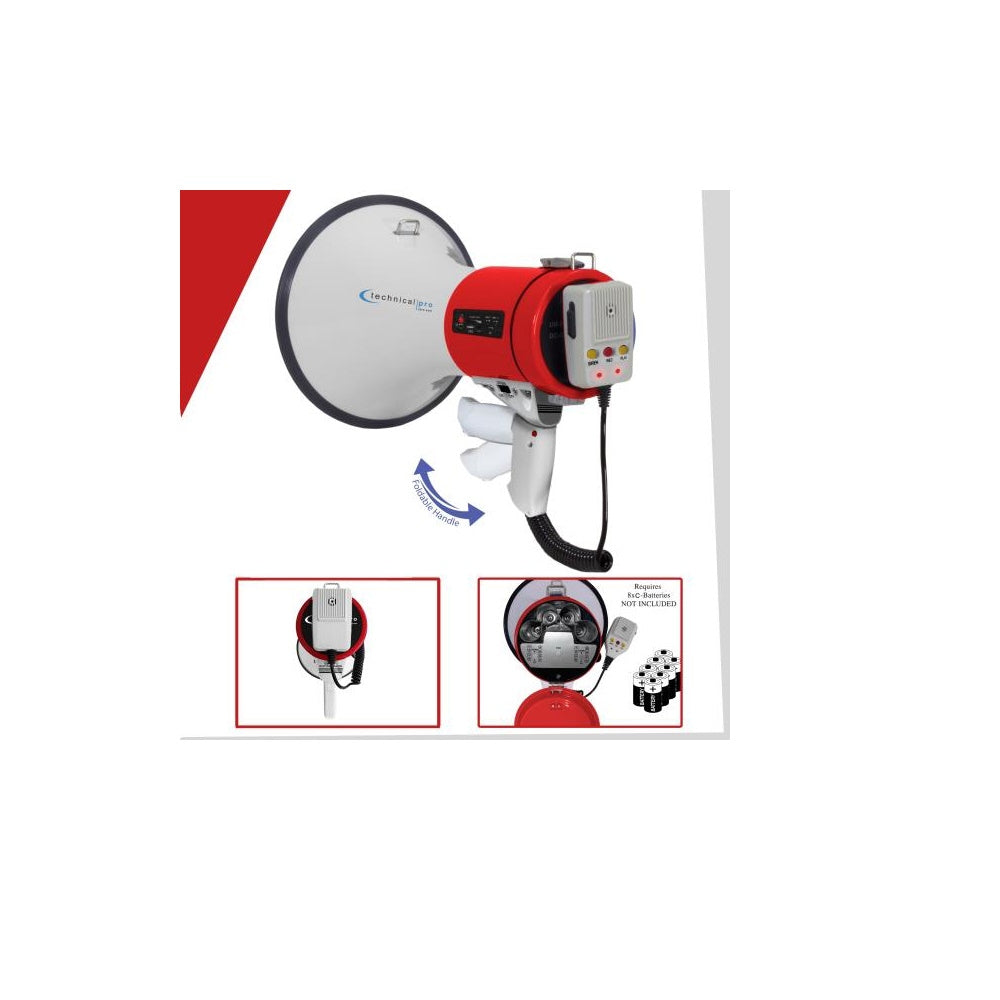Technical Pro Portable Megaphone with Siren, 20W Voice Amplifier Bullhorn with Adjustable Volume MPH75UR