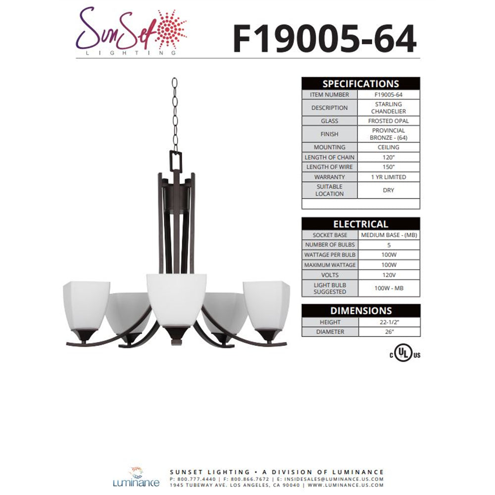 Sunset Lighting F19005-64 Starling Five Light Chandelier - Frosted Opal Glass, Dimmable - with Provincial Bronze Finish