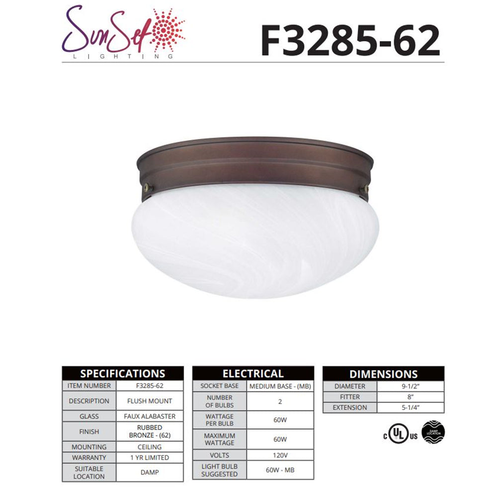 Sunset Lighting Flush Mount Faux Alabaster Glass, Rubbed Bronze Finish F3285-62