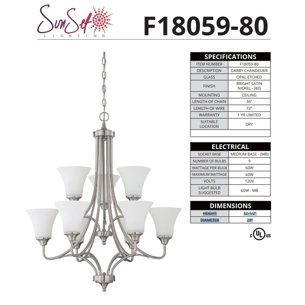 Sunset Lighting Darby 9-Light 2-Tier Chandelier 60W Opal Etched Glass, Dimmable Bright Satin Nickel Finish F18059-80