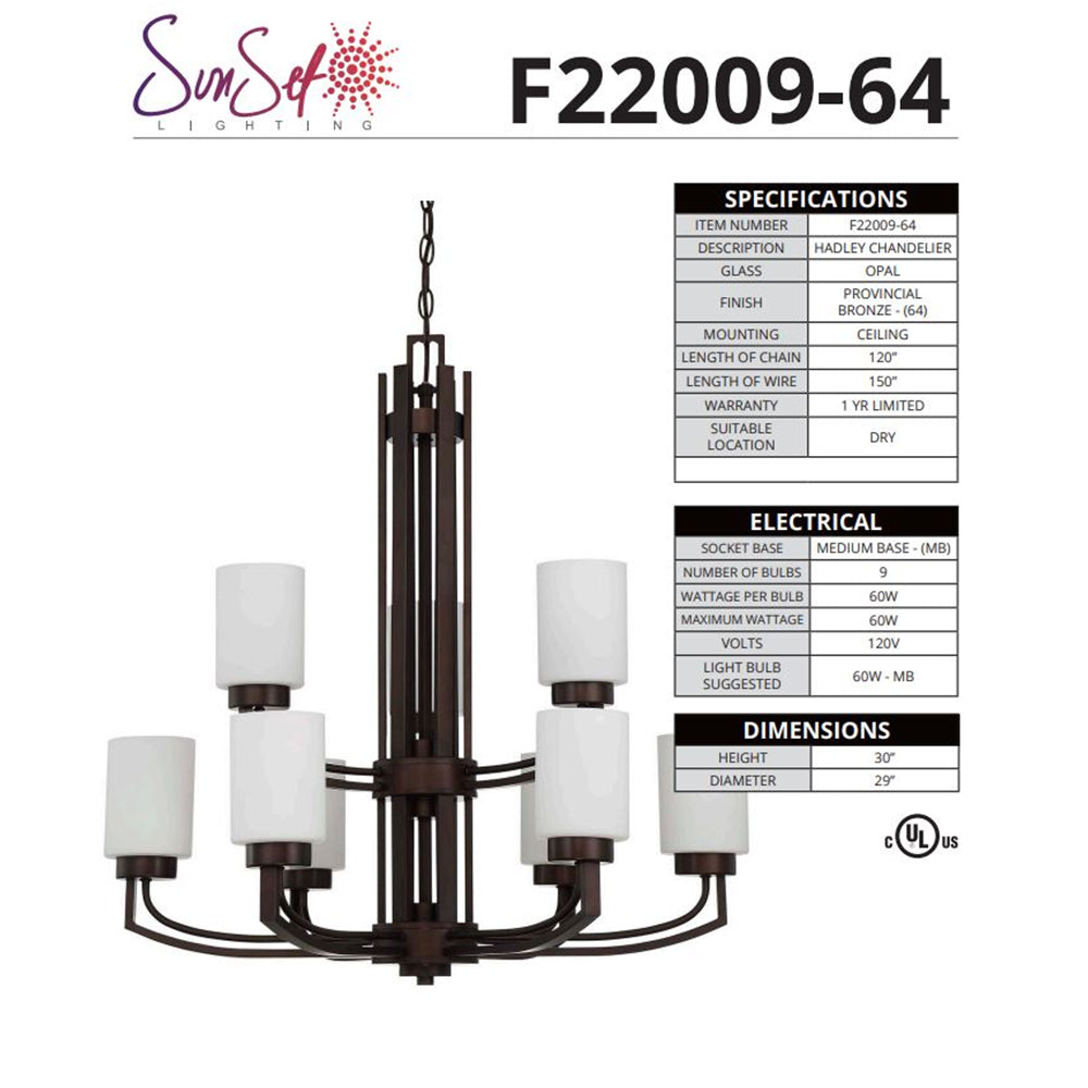 Sunset 9-Light Chandelier Hadley 2-Tier 60W Provincial Bronze - F22009-64