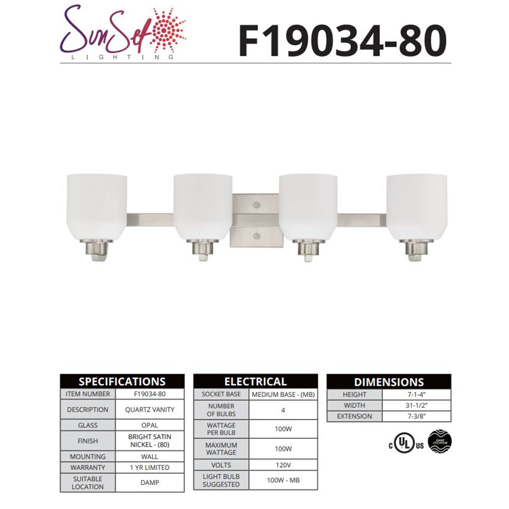 Sunset 4-Light Quartz Vanity Satin nickel Opal Glass F19034-80