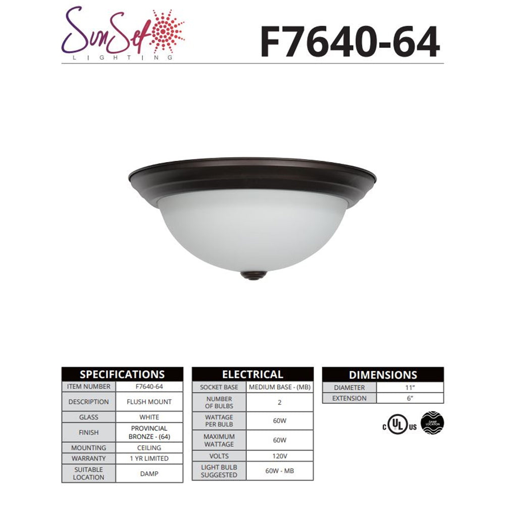 Sunset Lighting 2-Light 11" Flush Mount White Glass PROVINCIAL BRONZE - F7640-64