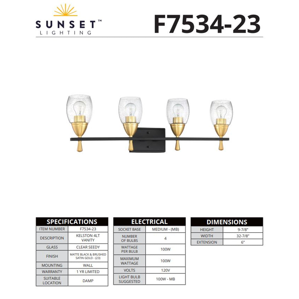 Luminance F7534-23 Kelston Black & Gold Bathroom Vanity Metal Wall Sconce with Clear Seeded Glass Shades | Contemporary Lighting Fixture for Home Bath Decor, 4 Lights