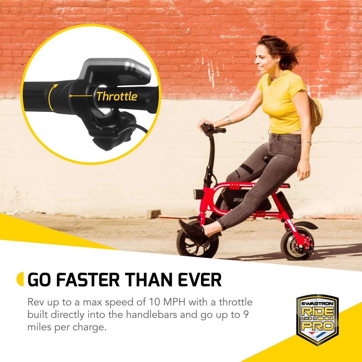 Swagtron SwagCycle SCE-1 Envy Electric Bike Reach 10 mph; 264 lbs Max Load - Red 36860-6, IP54 water-resistant, 12" front and 10" rear wheels