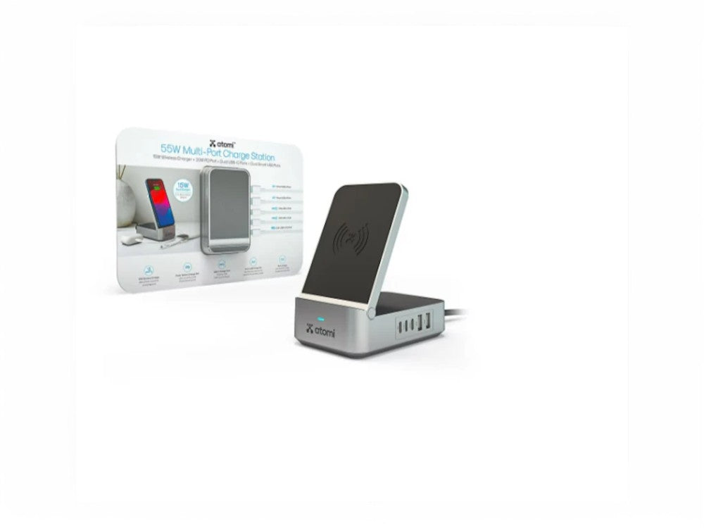 Atomi 55W Multi port charging station Qi - 20W PD port, dual USB-C ports, and dual smart USB-A ports, Supported for charging your Smartphones, Earphones, or Smart watches simultaneously -  AT1705-55W
