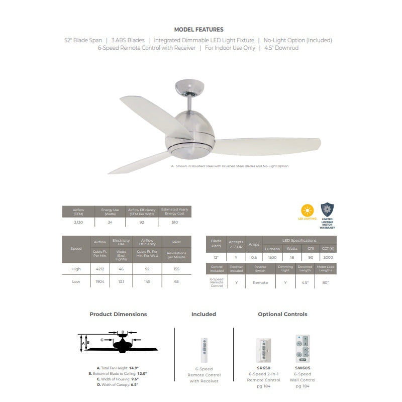 Luminance Kathy Ireland Home Curva 52" LED Indoor Ceiling Fan Kit | Modern Fixture with Remote Control and Downrod Mount| Dimmable with No-Light Plate Option, 52 Inch, Brushed Steel CF253LBS