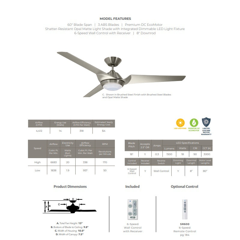 Luminance CF275BS Kathy Ireland Home Sweep Eco 60" Ceiling Fan Light Kit, Brushed Steel