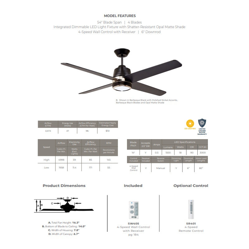 Emerson Zeke 54" Barbeque Black Ceiling Fan LED Light Barbeque Black Blades CF444BQ - BLACK WITH POLISH