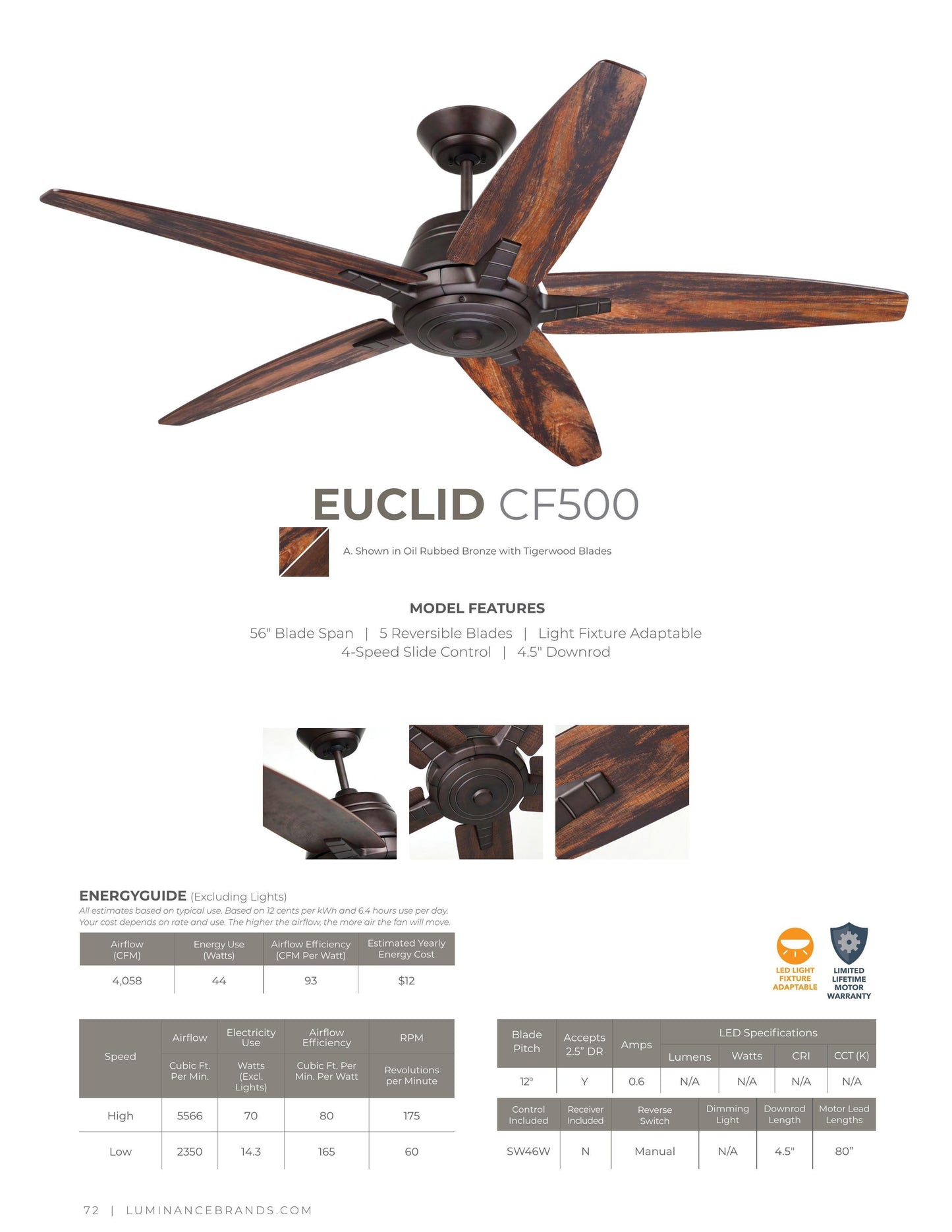Luminance CF500TORB Kathy Ireland Home Euclid Ceiling Fan w/ 4-Speed Wall Control | Light Kit Adaptable | 56" Modern Fixture with 4 Reversible Blades, Oil Rubbed Bronze