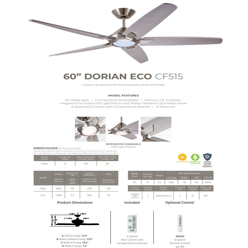 Dorian Eco 60" Ceiling Fan with Light | Dimmable LED Fixture with Premium DC Motor | 6-Speed Wall Control with Gray Solid Wood Blades with and Downrod Mount, Brushed Steel CF515TM60BS