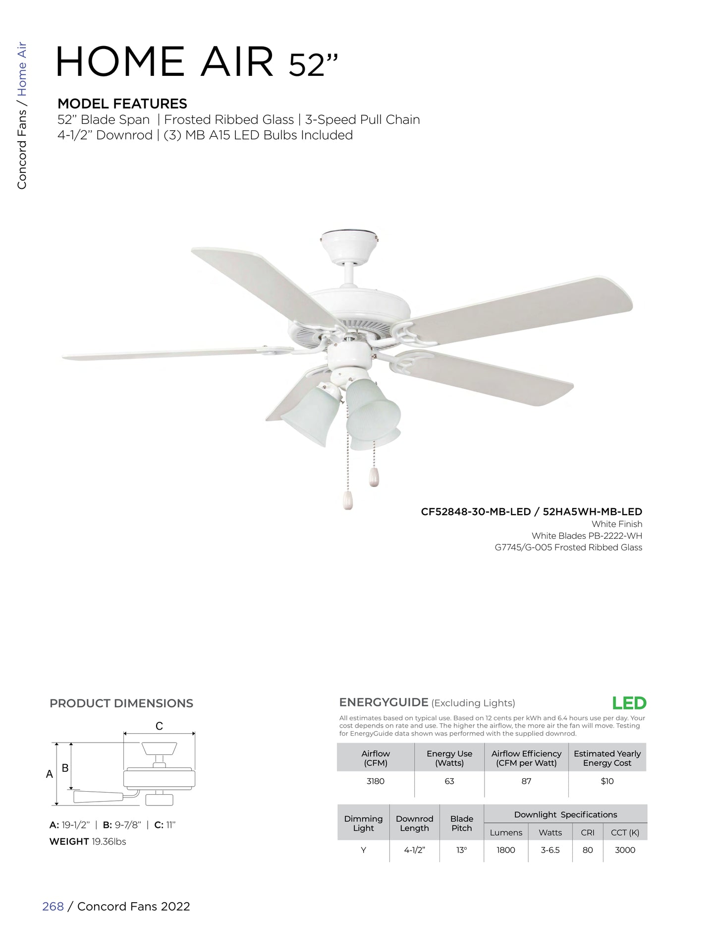 Luminance Concord Fan 52" Home Air Fan Three Light with White Finish CF52848-30-MB-LED