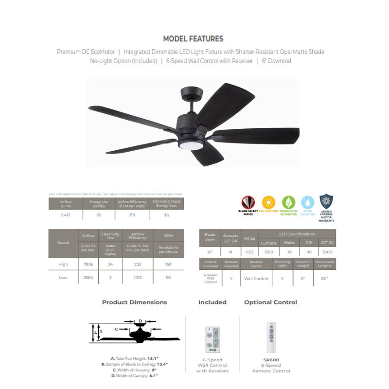 Luminance Kathy Ireland Home Ion Eco LED 60in Ceiling Fan with DC Motor | Hanging Fixture with Dimmable Light Kit, Wall Control, Downrod Mount | Graphite with Charcoal Solid Wood Blades