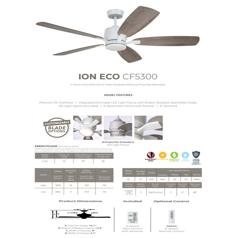 Luminance Kathy Ireland Home Ion Eco LED 72in Ceiling Fan with DC Motor | Hanging Fixture with Dimmable Light Kit, Wall Control, and Downrod Mount | , Satin White with Timber Grey Blades