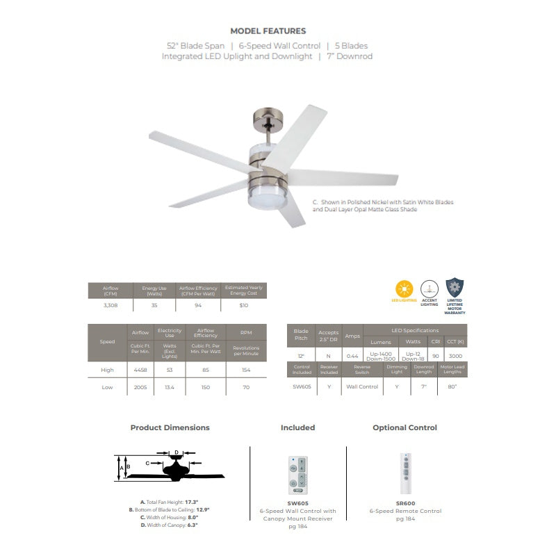 Emerson Lucere 52" Polished Nickel Ceiling Fan LED Satin White Blades CF575PN
