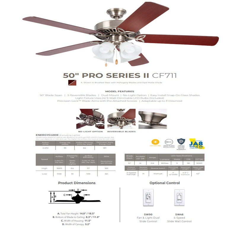 Emerson Kathy Ireland Home Pro Series II Indoor 50" Ceiling Fan CF711BS LED Light Kit, Brushed Steel