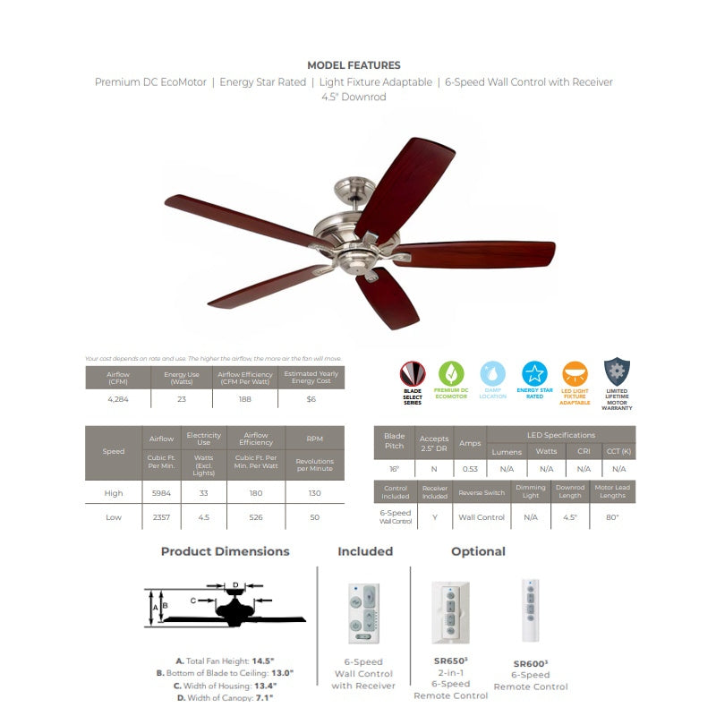 Luminance kathy ireland HOME Carrera Grande Eco 60in Ceiling Fan Fixture with 6-Speed Wall Control and Downrod | Energy Star Rated Motor | Light Kit Adaptable, Brushed Steel with Walnut Blades