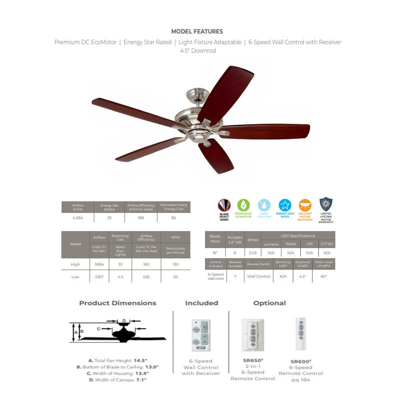 Luminance kathy ireland HOME Carrera Grande Eco 72" Ceiling Fan Fixture Brushed Steel with Walnut Blades, 6-Speed Wall Control and Downrod | Energy Star Rated Motor | Light Kit Adaptable