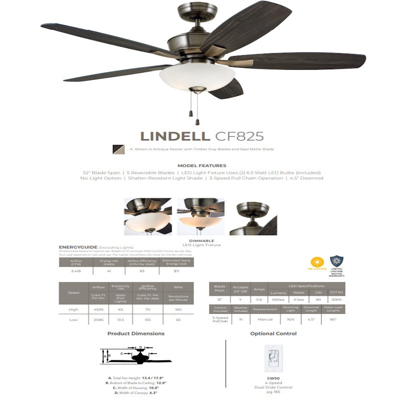 Emerson Lindell 52" Antique Pewter Ceiling Fan w/ LED Light - Charcoal / Timber Gray Blades CF825AP