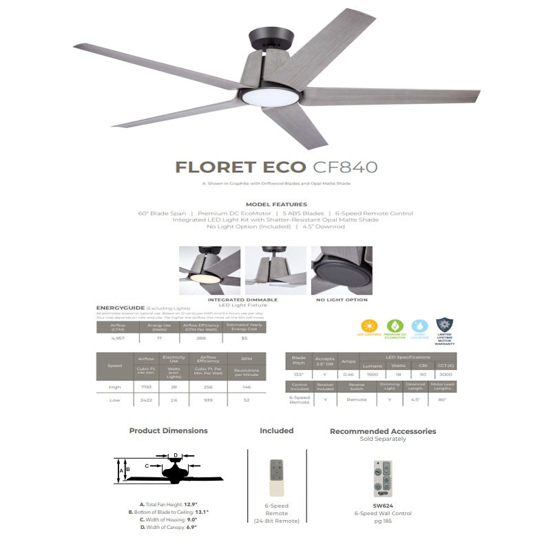 Emerson Floret Eco 60" Outdoor Damp Graphite Ceiling Fan LED Light Driftwood Blades CF840GRT