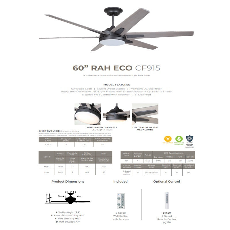 Emerson Rah Eco 60" Graphite Ceiling Fan w/ LED Light Timber Gray 5-Blades CF915TM60GRT