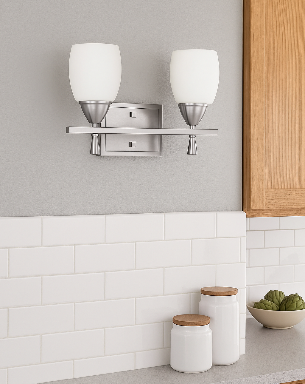 Sunset Lighting Sunset Lighting Bristol Two Light Vanity Wall Light Dimmable Bright Satin Nickel F2295-80-LED-JA8