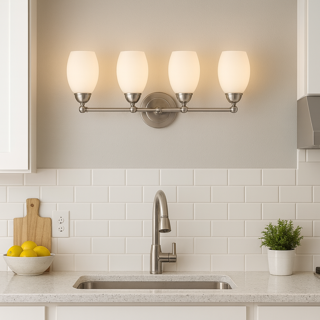 Sunset Lighting 4-Light Olen Vanity Opal Glass w/ Bright Satin Nickel Finish