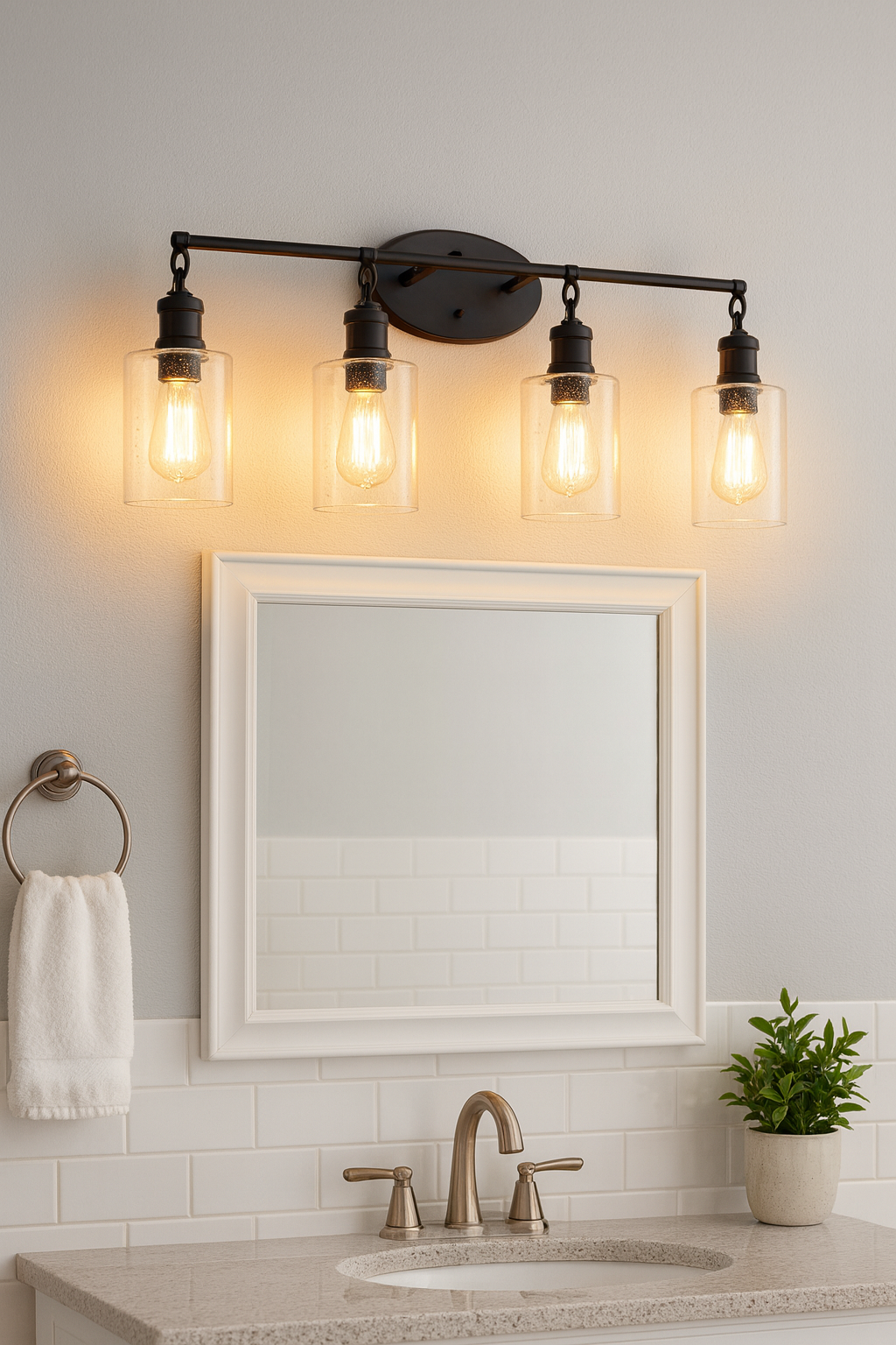 Sunset Lighting F6874-31 Clyde 4-Light Vanity, Steel Round Glass Clear Seedy with Matte Black Finish