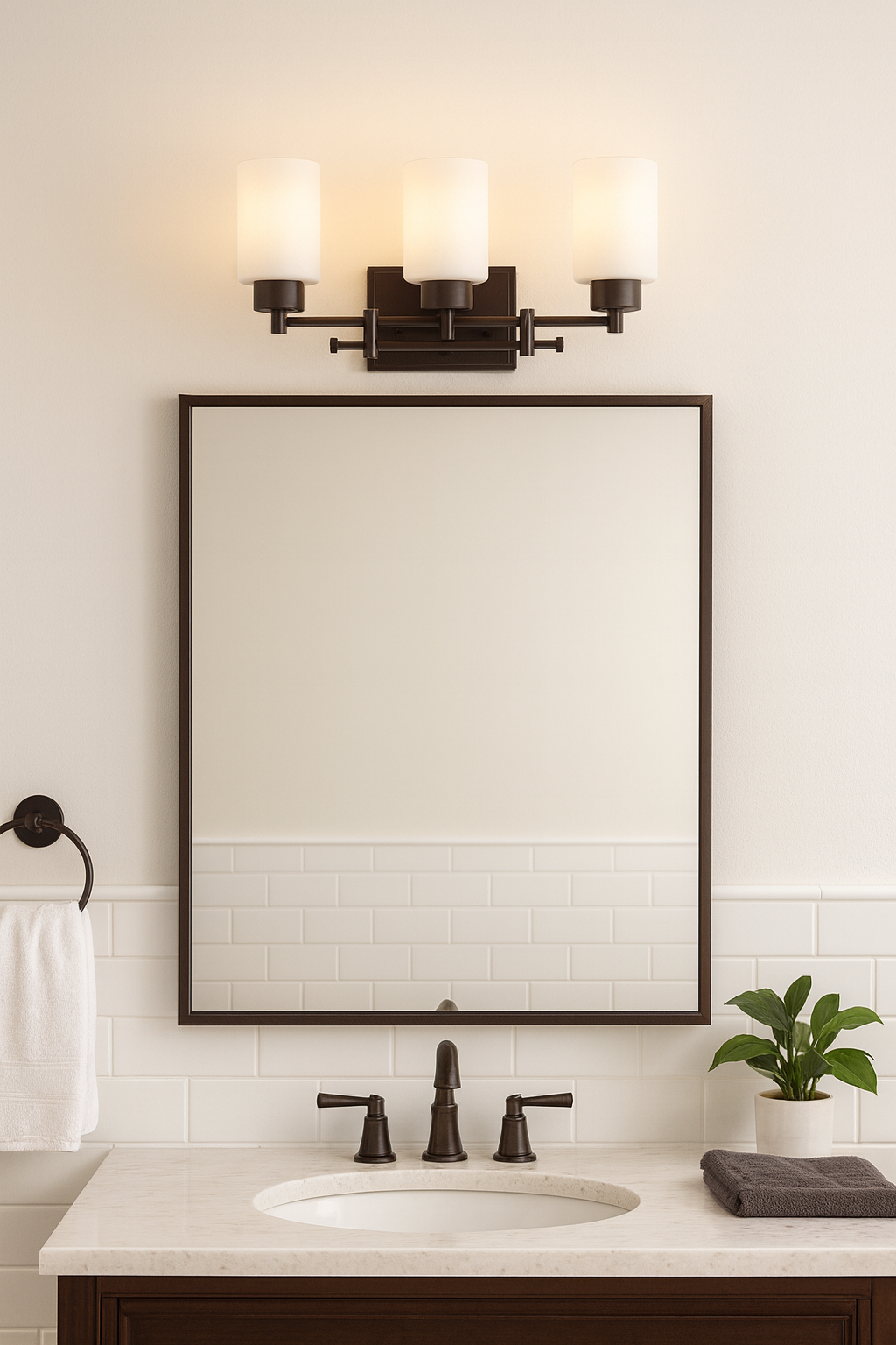 Bathroom vanity with mirror, faucet, and light fixture.