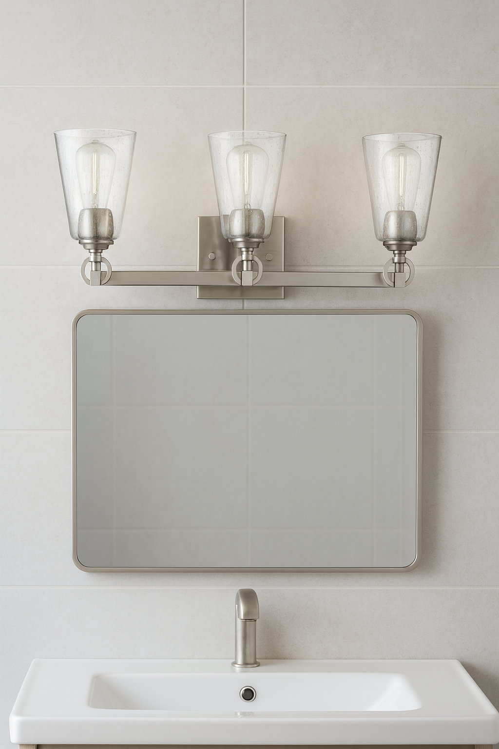 Sunset Lighting Arden 3-Light Vanity Clear Seedy Steel Round Glass 100W w/ Bright Satin Nickel Finish F7223-80