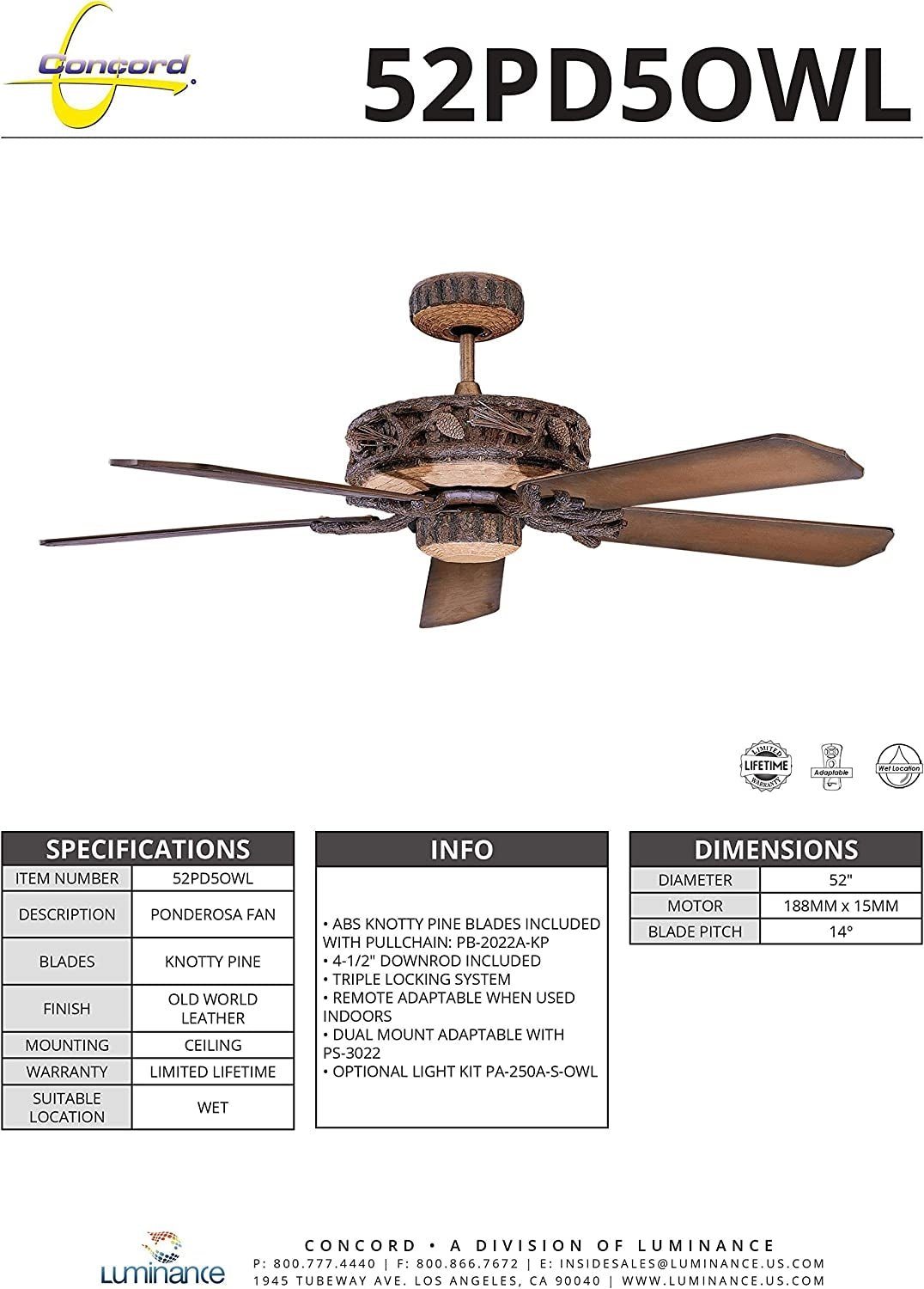Concord Fans Ponderosa 52" Ceiling Fan  52PD5OWL