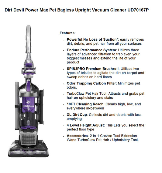 Dirt Devil Power Max Pet Bagless Upright Vacuum Cleaner, UD70167P