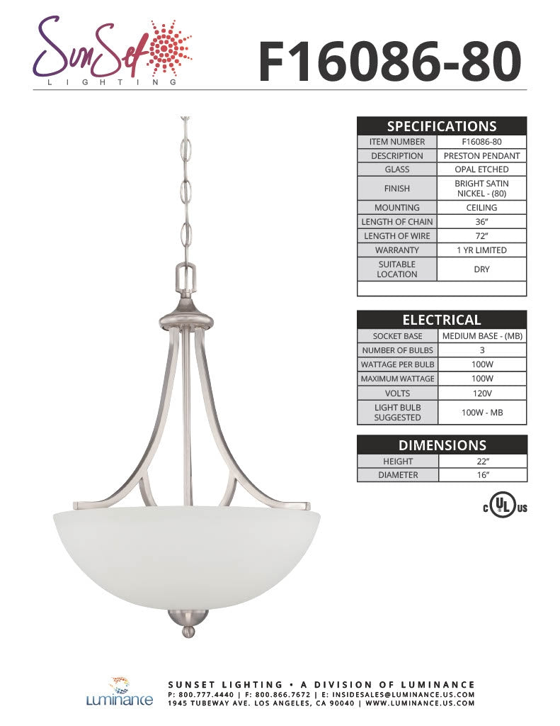 Sunset Pendant Preston 3-Lights Satin Nickel 100W - F16086-80