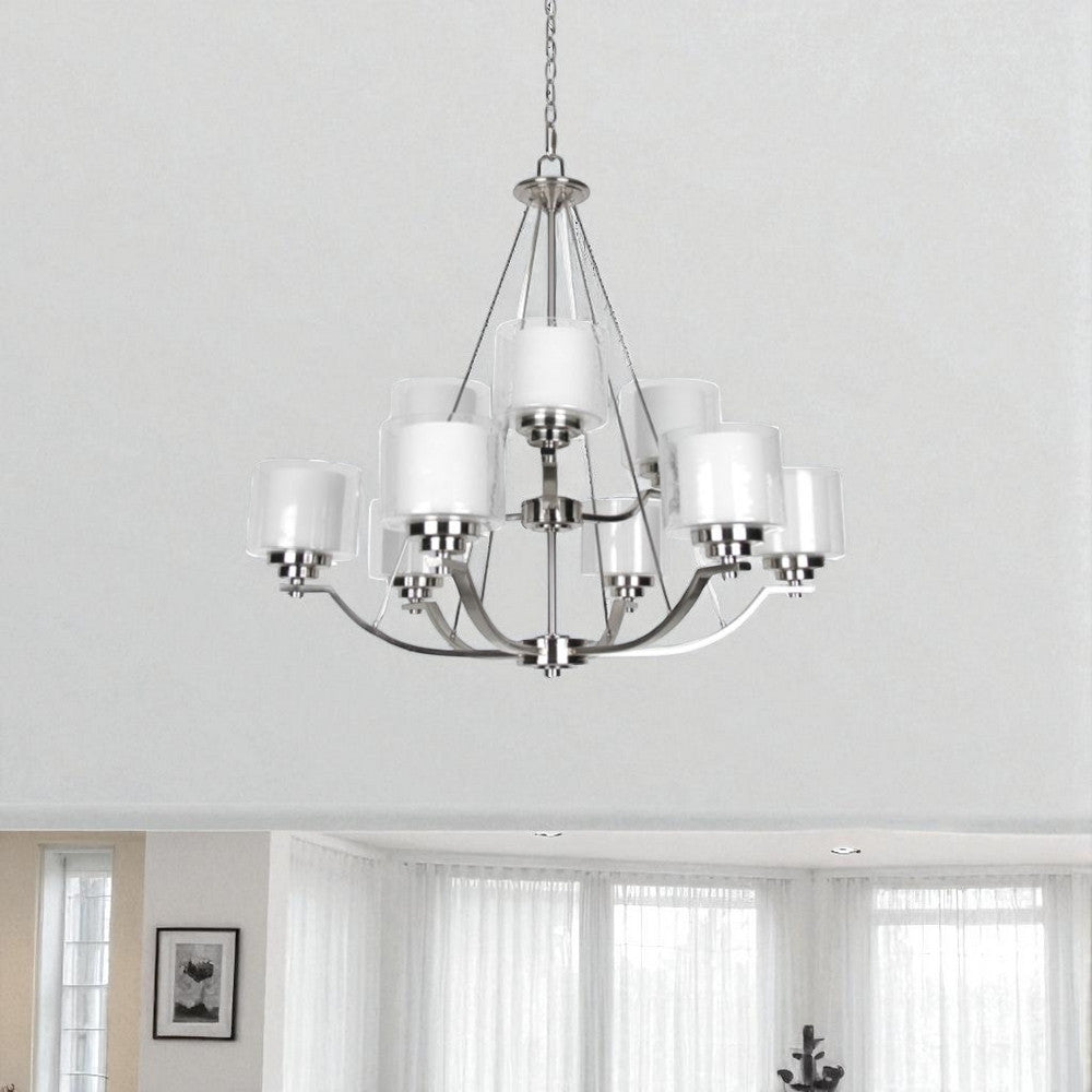 Sunset Lighting Abbot 9-Light Two Tier Chandelier - Frosted Opal Glass Bright Satin Nickel Finish F17009-80