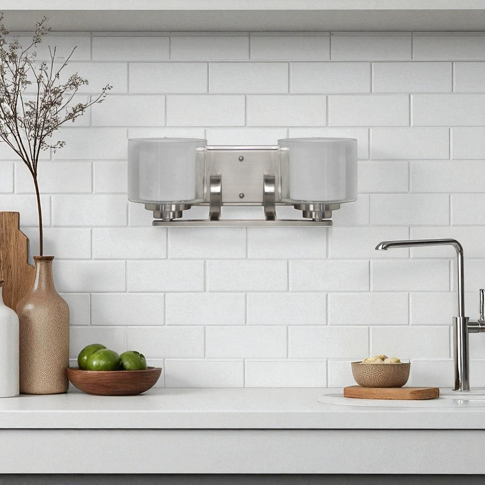 Sunset Lighting Abbot 2-Light Vanity 100W Frosted Opal Glass, Dimmable Bright Satin Nickel Finish F17012-80