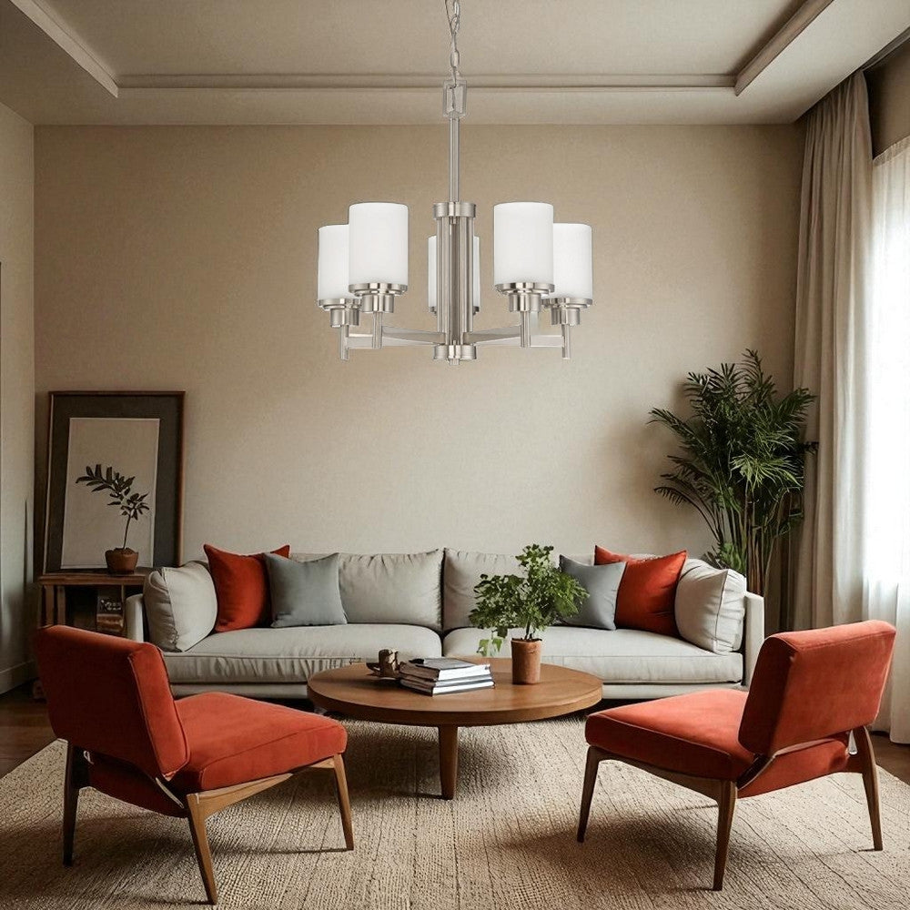 Sunset Lighting F17025-80 Somes Five Light Chandelier Linen Glass, Dimmable With Bright Satin Nickel Finish