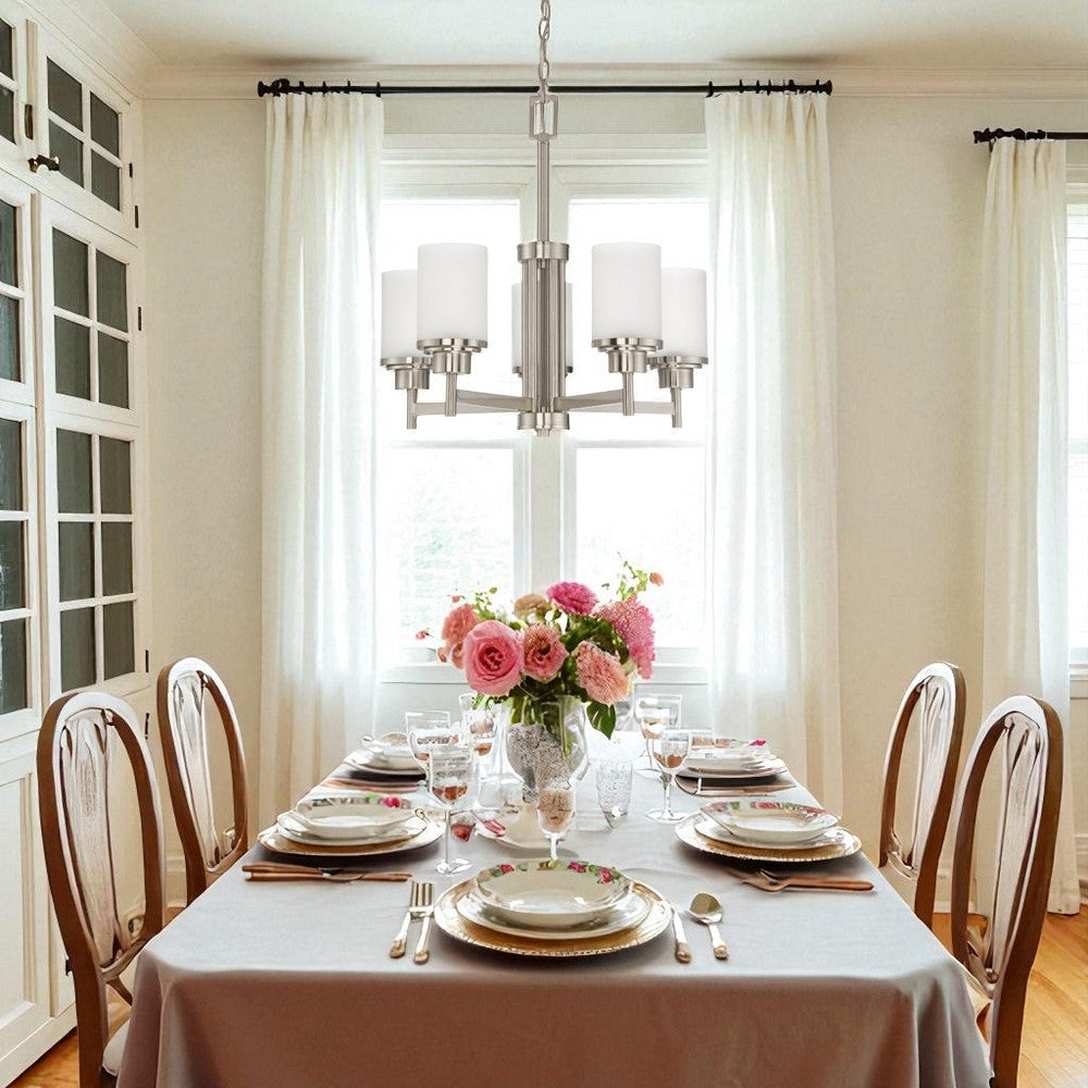 Sunset Lighting F17025-80 Somes Five Light Chandelier Linen Glass, Dimmable With Bright Satin Nickel Finish