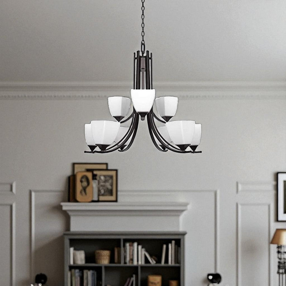 Sunset Lighting Starling 9-Light 2-Tier Chandelier 60W Frosted Opal Glass, Dimmable - Provincial Bronze Finish