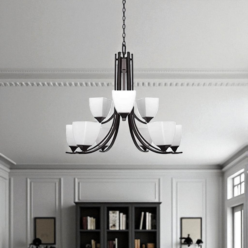 Sunset Lighting Starling 9-Light 2-Tier Chandelier 60W Frosted Opal Glass, Dimmable - Provincial Bronze Finish