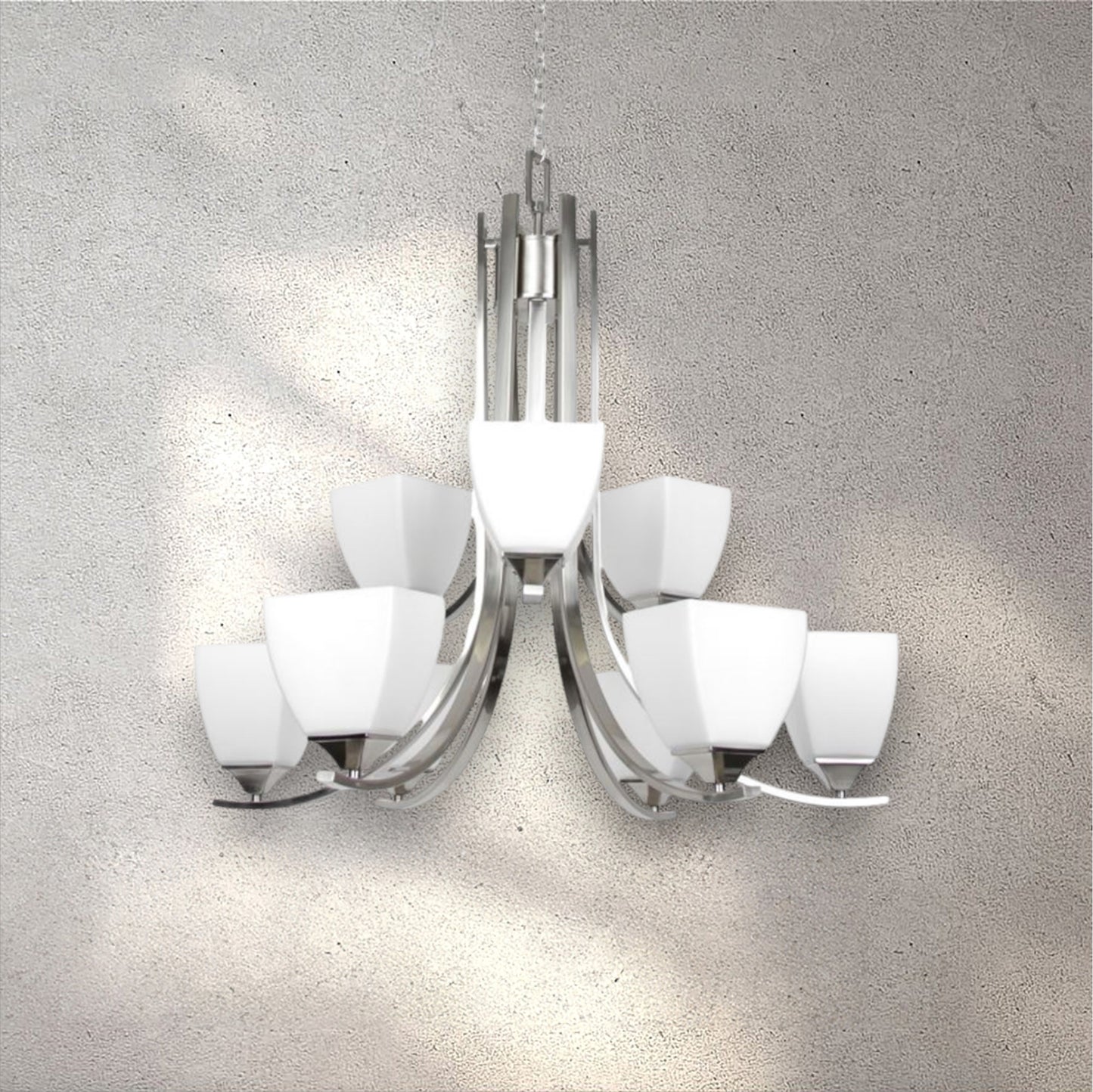 Sunset Lighting Starling 9-Light 2-Tier Chandelier 60W Frosted Opal Glass, Dimmable Bright Satin Nickel Finish - F19009-80