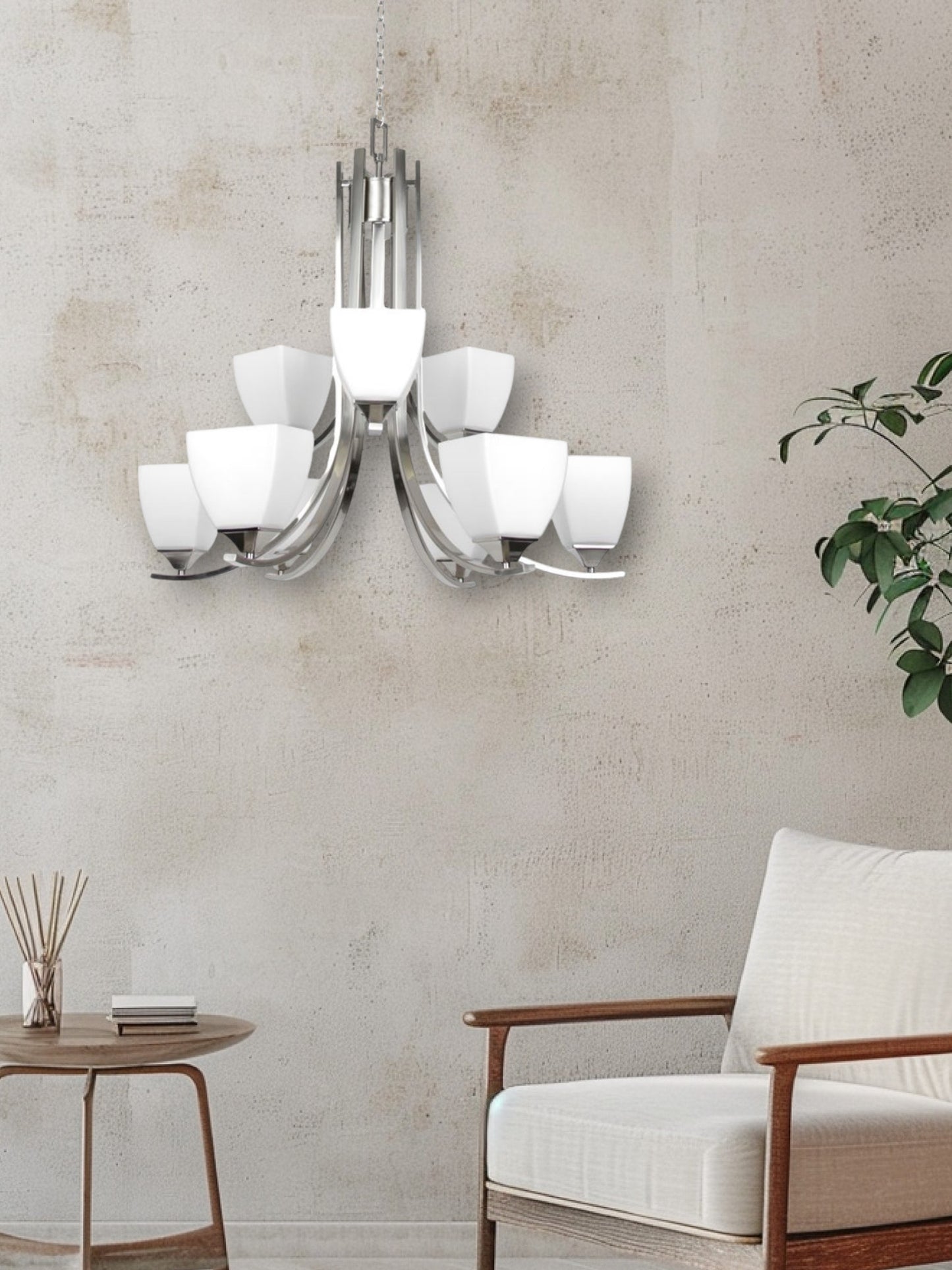 Sunset Lighting Starling 9-Light 2-Tier Chandelier 60W Frosted Opal Glass, Dimmable Bright Satin Nickel Finish - F19009-80