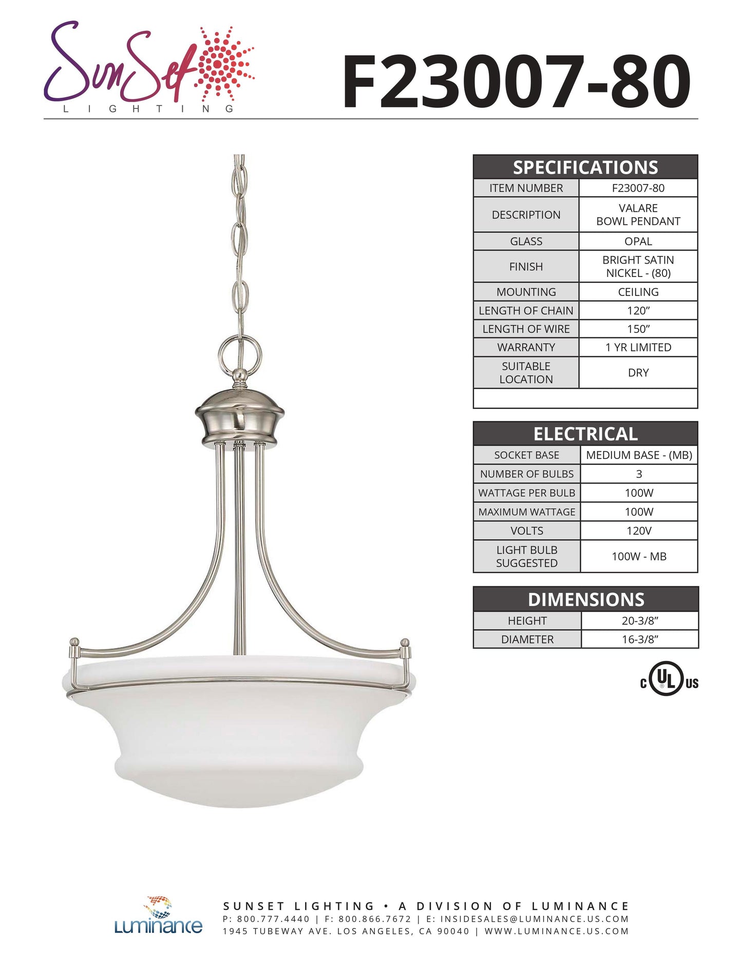 Sunset 3-Light 100W Medium Base Valare Bowl Pendant Satin Nickel F23007-80