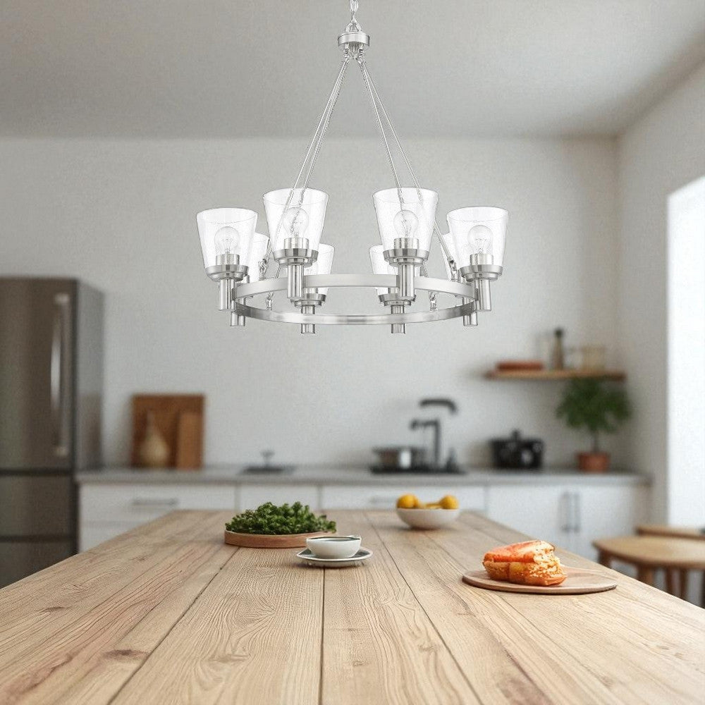 Sunset Lighting Riella 8-Light MB Chandelier Clear Seeded Glass Bright Satin Nickel F24018-80