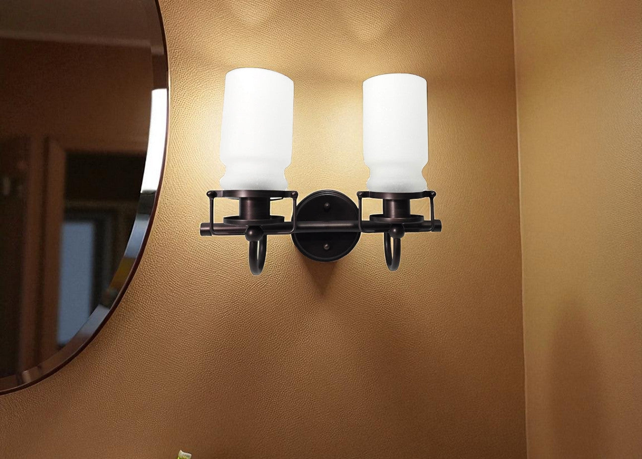Sunset Qairo 2 Light Vanity Oil Brushed Bronze w/ Frosted Seeded Glass Shades F25102-64