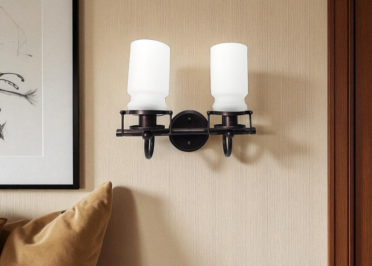 Sunset Qairo 2 Light Vanity Oil Brushed Bronze w/ Frosted Seeded Glass Shades F25102-64