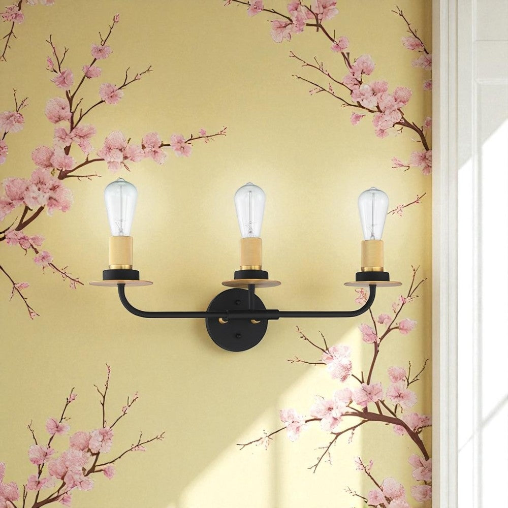 Sunset Lighting Onyx Industrial 3-Light Bathroom Vanity 100W Black & Gold F28003-23